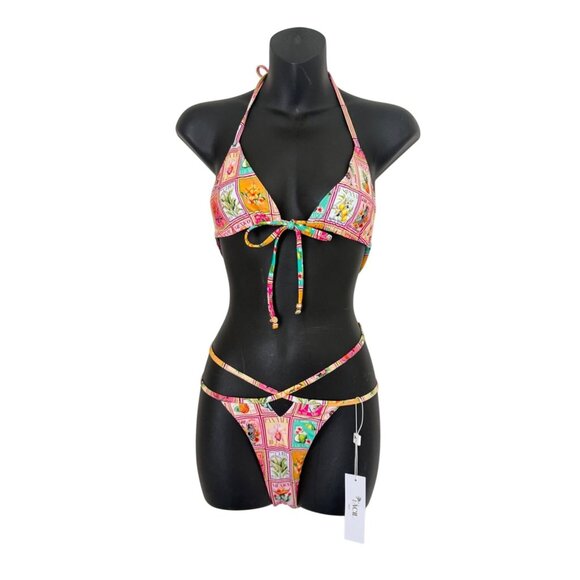 Facil BOMBON Tropical Postage Stamp Print Two-Piece Bikini Set Sz Sm